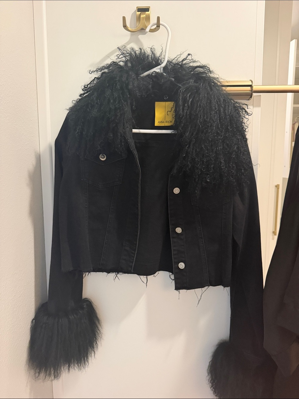 Black Cropped Jean Jacket with Faux Fur Collar & Cuffs
